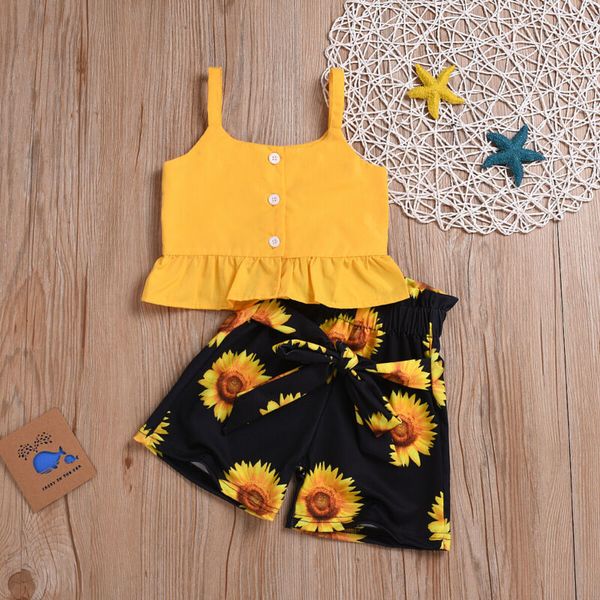 princesa fresca ropa de verano tops chaleco faldas fruncidas arco de flores sólidas ropa del niño de los niños determinado de la muchacha 2pcs 2-6T