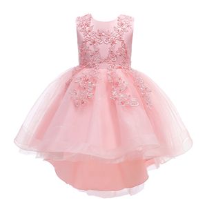 Bonito princesa menina vestidos curto hi-lo rosa lantejoulas beading apliques arco vestido de baile tule meninas pageant vestido comunhão para festa formal de casamento f10