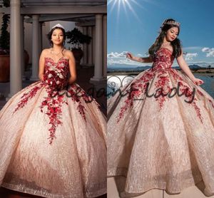 Pretty Rose Gold y Red Lace Quince Dresses 2023 Sweetheart Lace-up Corset Top Lentejuelas brillantes Apliques Vestidos de quinceañera