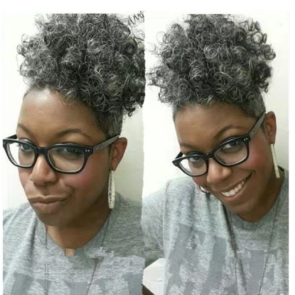 Bastante corto gris cordón cola de caballo cabello humano cola de caballo gris ceniza gris rizado afro puff updo cola de caballo clip en gris plata 10 pulgadas