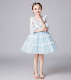 Bonito cielo azul tul joya apliques vestidos cortos de niña de flores Vestidos de desfile para niña Falda de fiesta / cumpleaños para niña Vestido de todos los días personalizado SZ 2-12 D321076