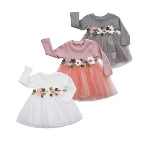 Jolie enfant en bas âge enfants bébé fille princesse robe à manches longues col rond ceinture florale dentelle tutu pull robe tenue automne hiver fête Q0716