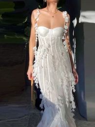 Mooie witte zeemeermin avondjurken spaghetti riem kanten appliques vlinder enkel lengte arabische prom -gelegenheid jurk
