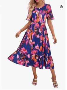 Prettygarden Women's Summer Wrap maxi robe décontractée boho floral V couche à manches courtes à manches froissées à frois
