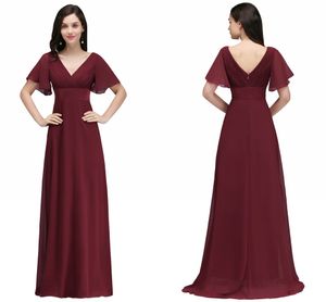 Prix Dark Wholesale Red Long Murffon Robes V Neck Low Back Flowy A Line Evening Party Robes avec des manches d'enceintes bon marché en ligne