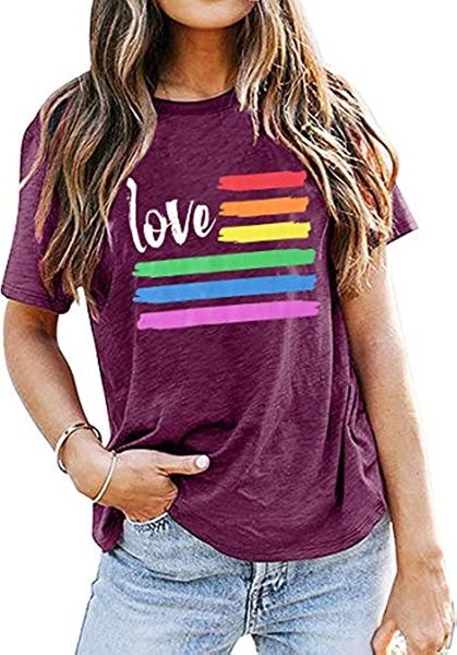 Pride T-Shirt Femmes Funny Love Letter Print T Shirt Rainbow Graphic Tees LGBT Equality Shirts Casual Short Sleeve Tops Funny Love Rainbow Graphic Tees Pride T-Shirt