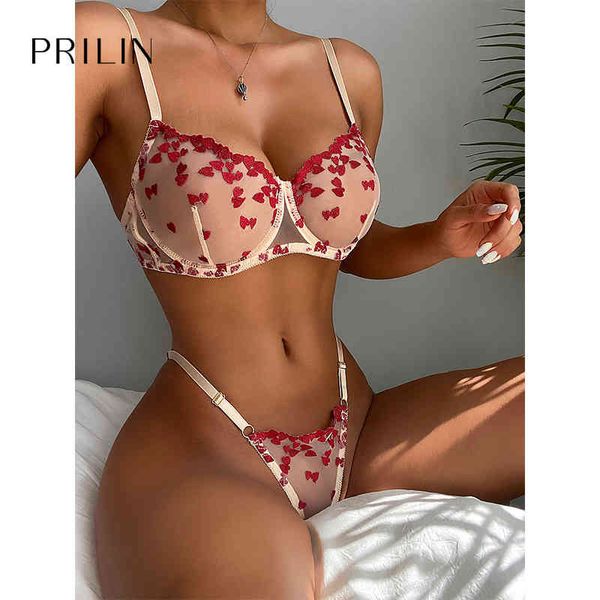 PRILIN femmes Sexy ensembles de Lingerie coeur rouge Transparent bretelles réglables soutiens-gorge à armatures voir à travers les culottes de sexe sous-vêtements érotiques