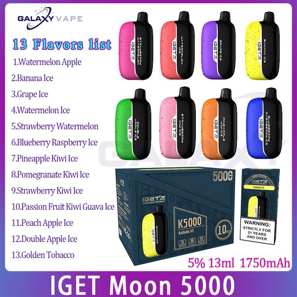 Primaire IGET Moon 5000 Puff E Cigarette 1750mAh Batterie rechargeable 13ml Pod pré-rempli 13 Saveurs Vape Puffs jetables 5k