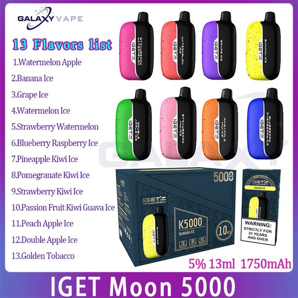 Primaire IGET Moon 5000 Puff E Cigarette 1750mAh Batterie rechargeable 13ml Pod pré-rempli 13 Saveurs Vape Puffs jetables 5 kit