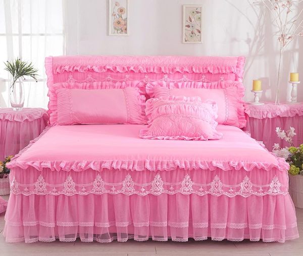 Princesse 1 pièce jupe de lit en dentelle 2 pièces taies d'oreiller literie couvre-lits drap ensemble de couverture rose matelassé volants jupe de lit taies d'oreiller Beddin4399400