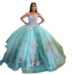 Princesa 3D Flores Vestidos De Quinceañera Fuera Del Hombro Apliques Perlas Con Cordones Mexi Sweet 16 Vestido Vestidos De 15 Anos