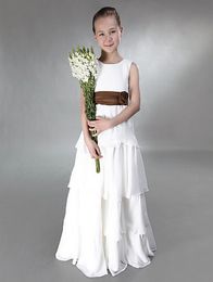 Prinses A-Line Jewel Tiers Vloerlengte met Sash Chiffon Junior Bruidsmeisjes Jurk voor Bruiloft