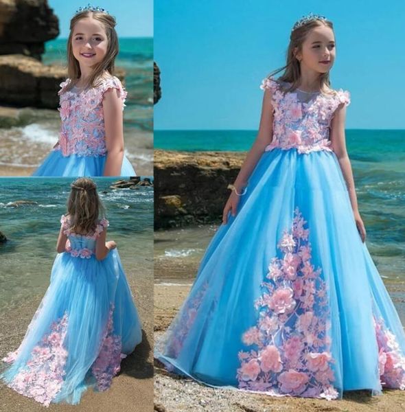 Princesse Appliques Robe De Fille De Fleur Couleur Assortie BluePink Robes D'anniversaire Sur Mesure Retour À Lacets Pageant Robes De Première Communion