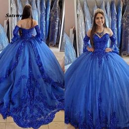 Princess Arabe Royal Blue Quinceanera Robes 2021 Lace Applique Per perle chérie Robes de bal à lacets Sweet 16 Robe de fête 233Y