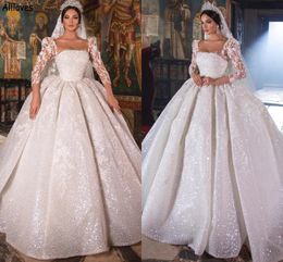 Princesa árabe Turquía Dubai vestido de fiesta vestidos de novia para mujer Vintage cuello cuadrado manga larga vestido de novia Puff lentejuelas encaje Vestidos De Novia talla grande