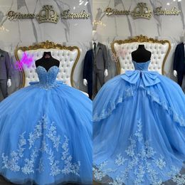 Prinses baby blauwe jurken baljurk lieverd appliques vestido de quinceanera tule zoete maskerade jurk met boogknoop