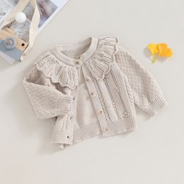 Princesse bébé filles tricoté cardigan pull mignon col de poupée crochet bouton fermeture vêtements vêtements d'extérieur hiver enfants hauts tenues 240301