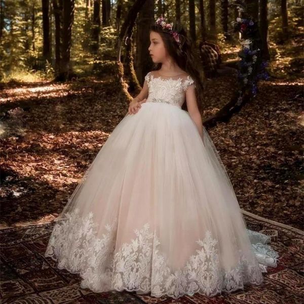 Vestido de fiesta de encaje sin espalda de princesa, vestidos de flores para niñas, apliques de champán, vestidos de desfile para niños, vestidos de fiesta de cumpleaños para niñas pequeñas 243U