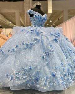 Prinses Bal Blauwe Hemel Jurken 2023 Bloemen Kant Applicaties Sweet 16 Jurk Vestidos De Quinceanera Corset