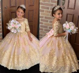 Princesa Ball Gown Little Girl's Pageant Dresses Lace Appliqued Half Sleeves Flower Girl Wedding Puffy Toddler Fiesta formal Infant Primera Comunión Vestidos