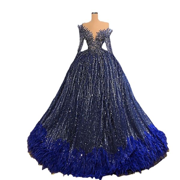 Princesse robe de bal bleu marine robes de soirée paillettes paillettes perles manches longues robes de soirée formelles avec des plumes