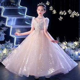 Prinzessin Ballkleid Kleinkind Champagner Blumen Mädchen Kleider Erstkommunion Tragen Spitze Applikation Perlen Langes Pailletten Festzug Mädchen Kleid Tüll