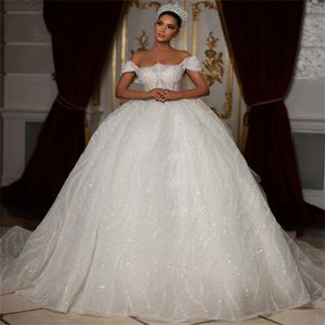 Robe de mariée princesse robe de bal 2024 arabe Dubaï paillettes perles épaule gonflée mariée robes formelles robe de noiva sur mesure