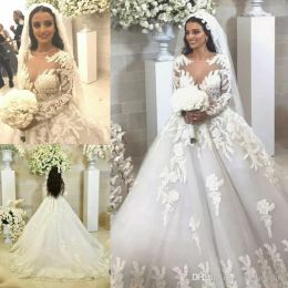 Princess Ball Jurk trouwjurken met lange mouwen pure juweel nek kanten bruidsjurken hof trein toegepast plus size vestidos de novia