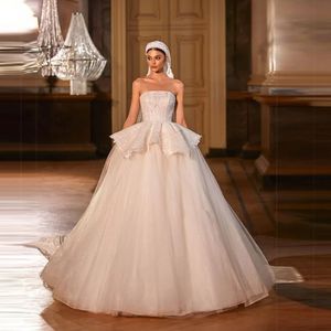 Prinses baljurk trouwjurken strapless kanten top bruidsjurk glitter tule vestidos de novia kapel trian vestido de Mairage