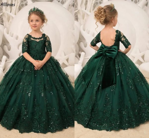 Robe de bal de princesse en dentelle à paillettes vert foncé, robes de concours pour petite fille, col rond, demi-manches, robes de soirée formelles avec nœud dos nu, robe de demoiselle d'honneur de mariage CL2877