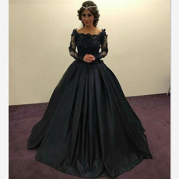 Robe de soirée princesse noire, manches longues, dentelle transparente, avec des Appliques de perles, robe de bal froncée, robe de bal formelle