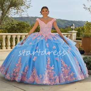 Princesa azul quinceanera vestidos com flores rosa sexy decote em v dezesseis vestido de aniversário rendas até vestido de baile pageant vestido de baile 2024 vestidos de 15 anos doce 16 vestido de festa