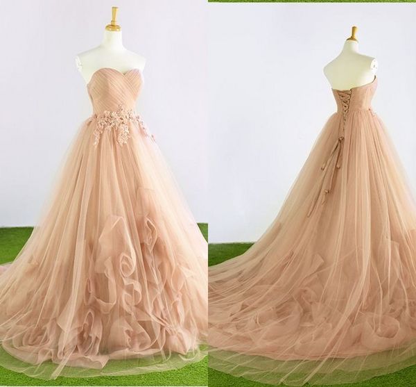 Princess Blush Pink Strapless plisados Vestidos de novia 2019 con fajas de lentejuelas Flores 3D de lujo Vestidos de novia sin espalda Vestido largo De Novia