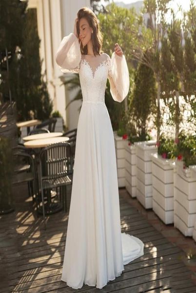 Princesse Boutique Occasion Robe pour la Mariée Blanc Ivoire Manches Bouffantes Encolure Dégagée Appliques En Mousseline De Soie Une Ligne Robes De Mariée robes de f6198564