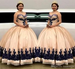 Princess Champagne Baljurk Quinceanera Jurken Sweetheart Navy Appliques Sweet 16 Dress Formele Jurk Prom Jurken Vestidos de Quinceañera