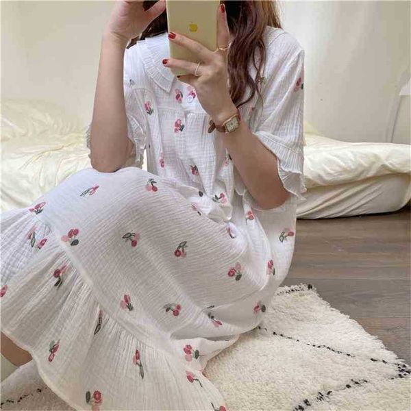 Vestido de gasa de princesa Impreso Cherry Chic Homewear Summer Loose Sweet Pijamas Cotton Sleepwear Nightdress 210525