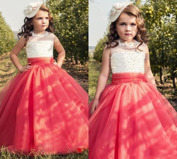 Princesa Coral vestidos de niña de flores cuello transparente encaje con cuentas sin mangas corsé espalda tul desfile infantil Wedding2187922