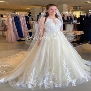 Princesse crème dentelle robe de mariée élégant col rond une ligne grande taille style campagnard robes de mariée balayage train église jardin robe de mariée ferme robes De novia Robe Mariee