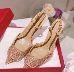 Princess Crystals Designer Sandalen Champagne Pumps schoenen vrouwen hoge hakken open achterkant stiletto hakken dames bruiloft sexy feest lederen zool met 5