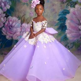 Robes princesse à fleurs lilas à col transparent pour filles, robe de bal en Tulle, robes de mariage de concours d'anniversaire pour enfants BC15050