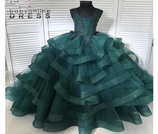 Princesse robe de bal vert foncé filles robes de reconstitution historique 3D appliques volants froncés robes de filles de fleur en tulle doux 15 Quinceanera Pr1681563