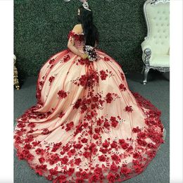 Prinses Dark Red Quinceanera Dresses 3D Flowers kralen Lace-Up Corset Applique Sweet 15 16 Jurk Party Wear XV Anos