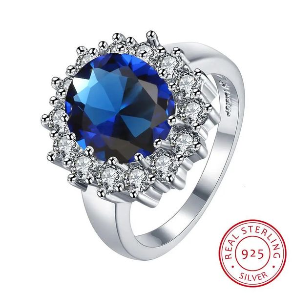 Princesse Diana William Kate pierres précieuses anneaux saphir bleu mariage fiançailles 925 bague en argent sterling pour les femmes 240109