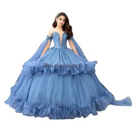 Princess Dusty Blue Quinceanera Dresses Mexicaans kostuum Rococo Vampire Masquerade Zestien verjaardagsjurk Ruffles Ruches Ball Jurk Prom Vestido de XV Anos Debutante 2024