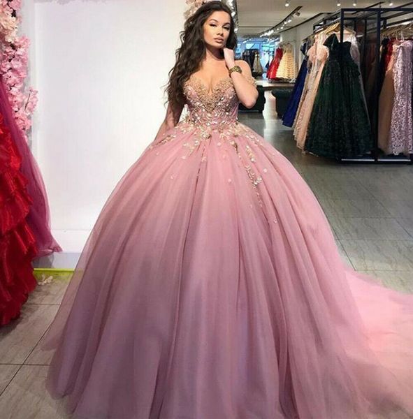 Prinses Dusty Pink Baljurk Quinceanera Jurken Off Shoulder Tulle Sweet 16 Galajurk