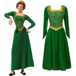 Prinses Fiona Cosplay Kostuum Jurk Outfit Vrouwen Cartoon Groene Vierkante Kraag Veet Lange Jurk voor Dames Halloween Rollenspel