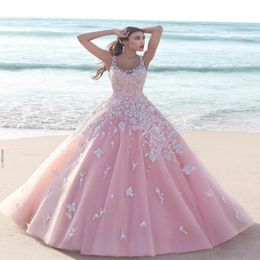 Princesse floral fleur rose robe de bal robes quinceanera robes 2021 Applique en tulle scoop sans manches corson de dentelle