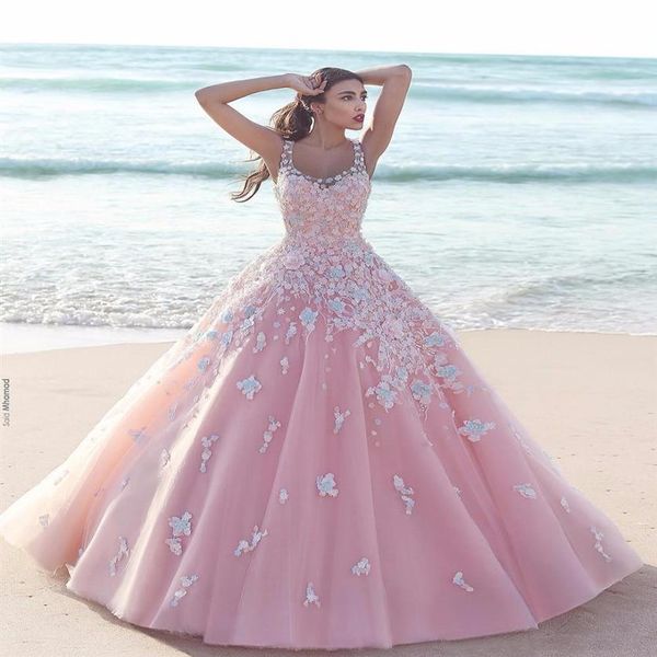 Princesse Floral Fleur Rose Robe De Bal Robe De Quinceanera 2021 Applique Tulle Scoop Sans Manches En Dentelle Corsage Longues Robes De Bal Forma174S