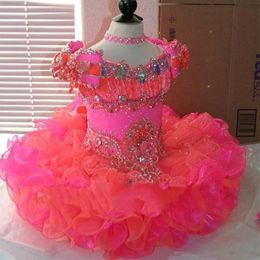 Prinses Flower Girl Dress Cap Sleeve Crystal Coral Pink Organza Mini Korte Ball Jurk Pageant Jurken Cupcake Little Baby Kids Jurk 228O