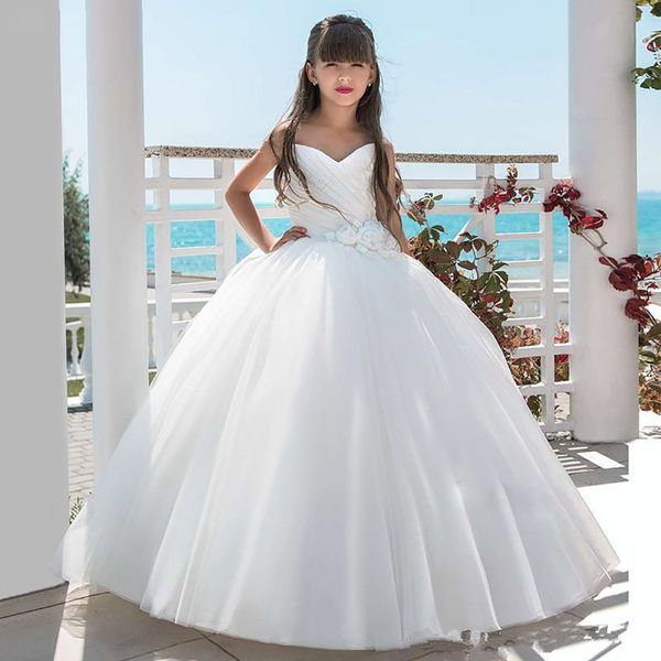 Princesse fleur filles robes Bateau cou perlé ceinture dentelle demi manches Pageant robes longue étage Tulle robe de Communion